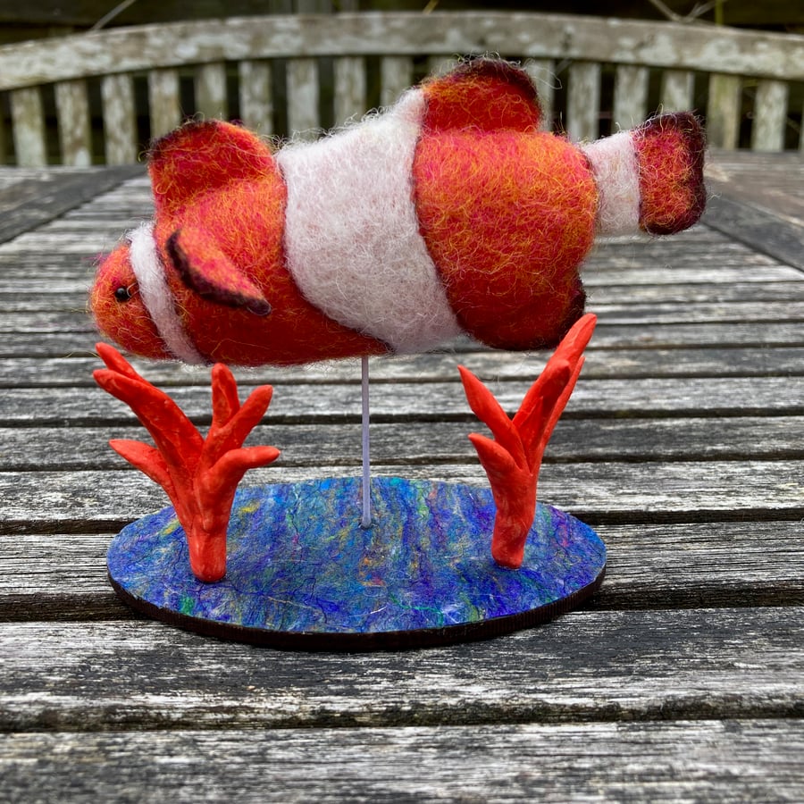 Clown fish needle felted model, sculpture