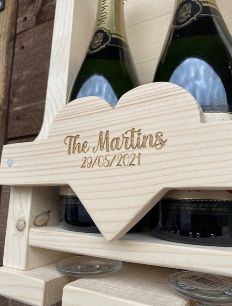 Rustic Engraved Wooden Wine Rack Heart Detail. Great Wedding Or Anniversary Gift