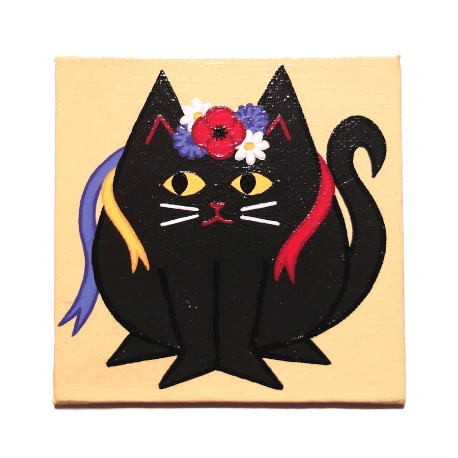 Black Cat in Flower Crown Large Fridge Magnet - original acrylic magnetic art