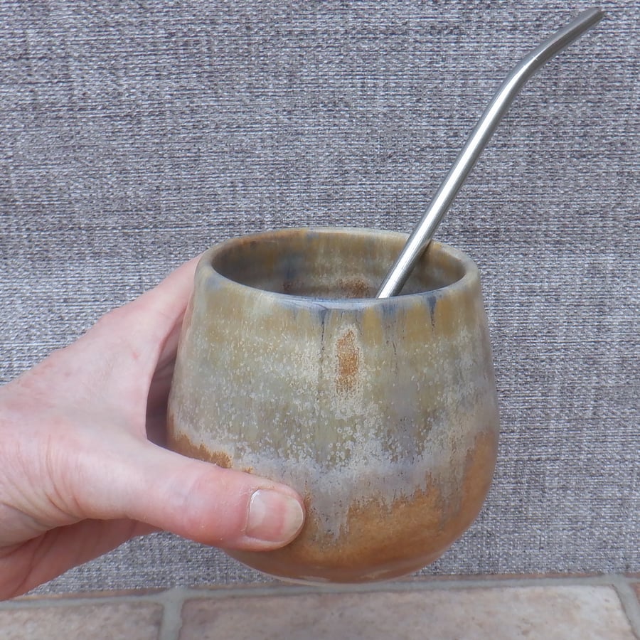 Yerba Mate gourd calabash cup bowl bombilla wheel thrown in stoneware pottery 