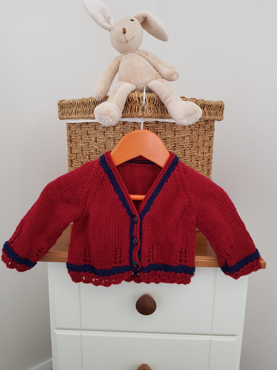Red and Navy Lace Edge Baby Cardigan  0-6 months