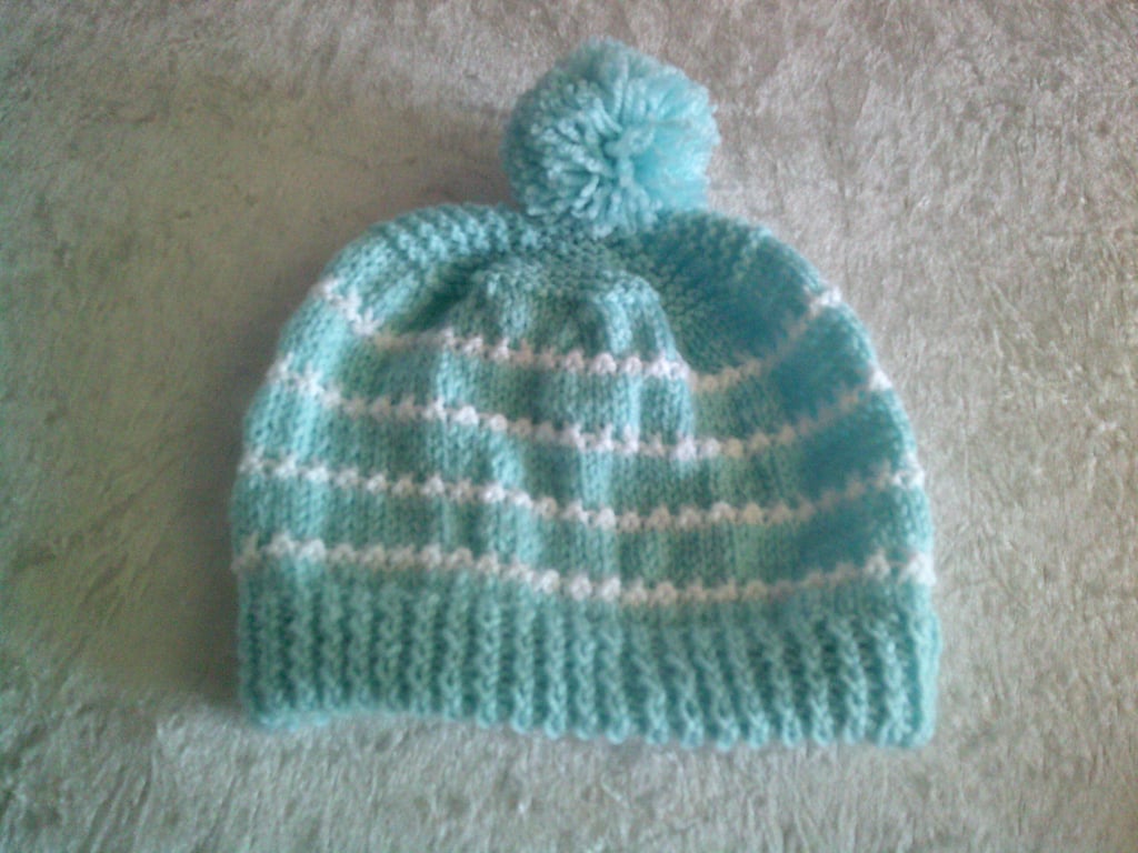 Pale Turquoise and White Bobble Hat