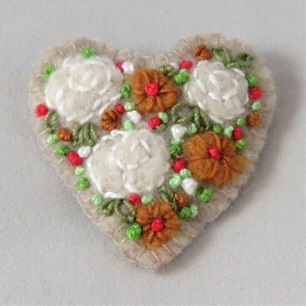 Brooch Roses and dahlias felted and embroidered on felt heart