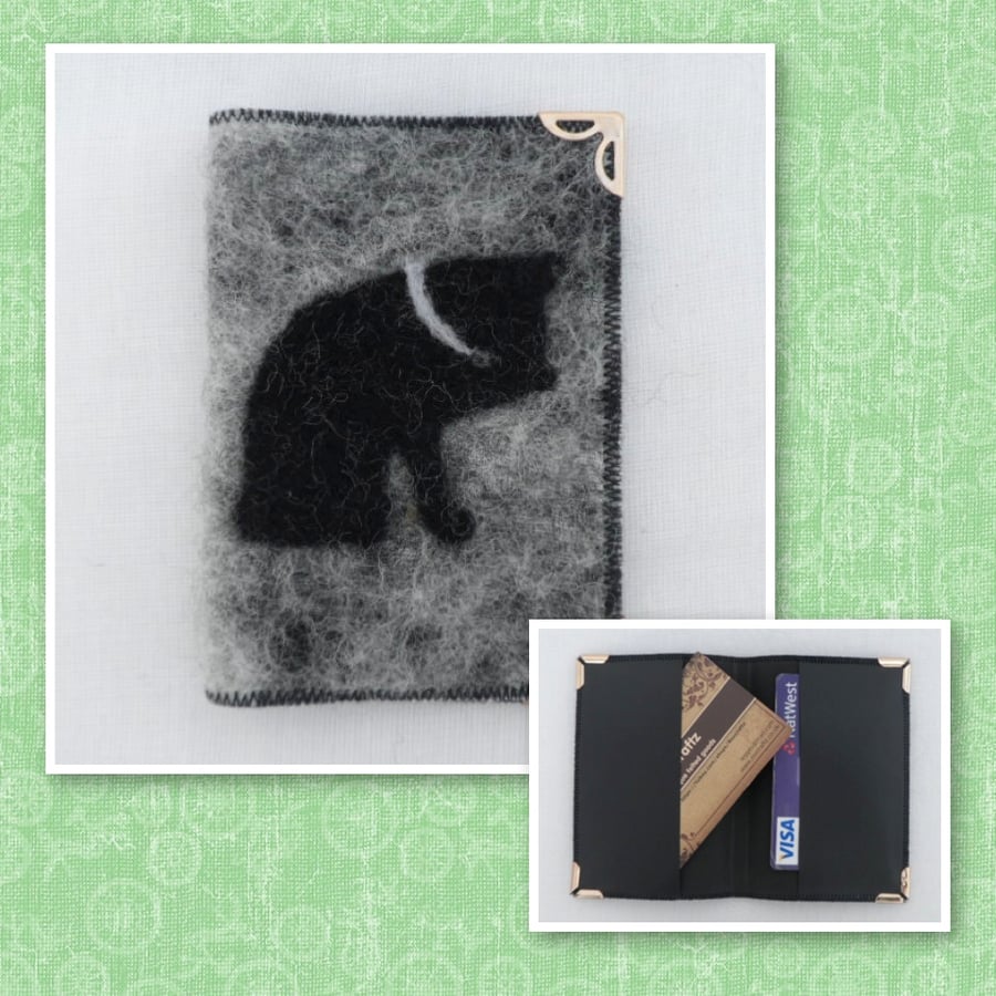 Business, credit card holder, grey felt with cat silhouette