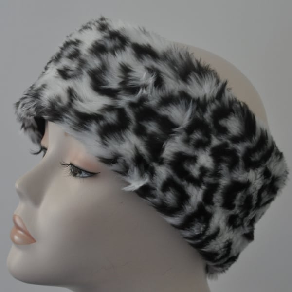 Ladies Faux Fur Headband Ear Warmer Head Band White Snow Leopard Print Edition