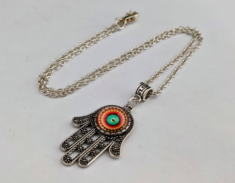 Multi coloured Mandala Hamsa hand necklace