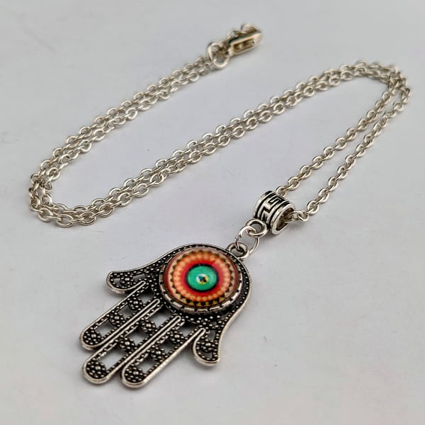 Multi coloured Mandala Hamsa hand necklace