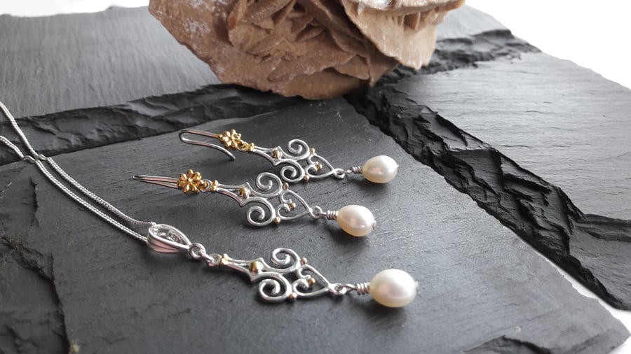 Cultured Pearl, Sterling Silver and Gold-Plated Necklace and Earring Set