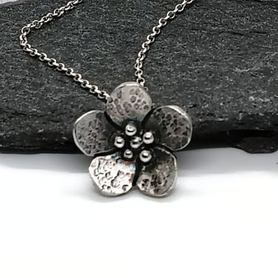 Silver Flower necklace oxidized sterling silver floral pendant