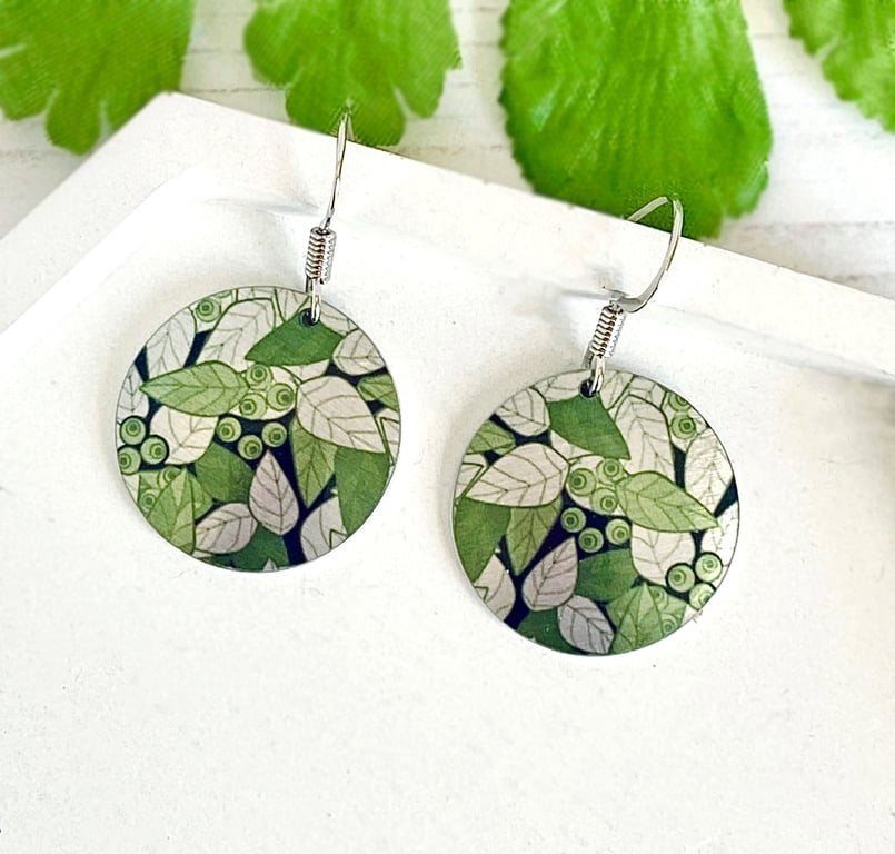 Leaf drop earrings, discs dangle on sterling silver ear wires (356)