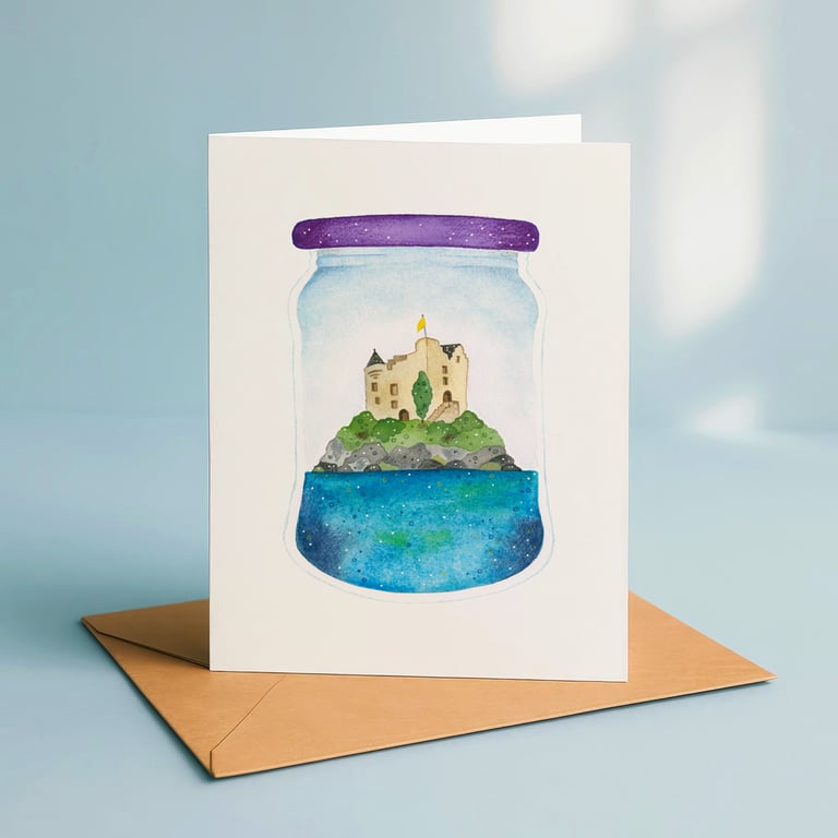 Castle Stalker in a jar, A6 giclée greetings card with recycled brown envelope