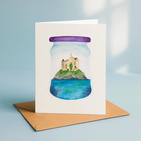 Castle Stalker in a jar, A6 giclée greetings card with recycled brown envelope