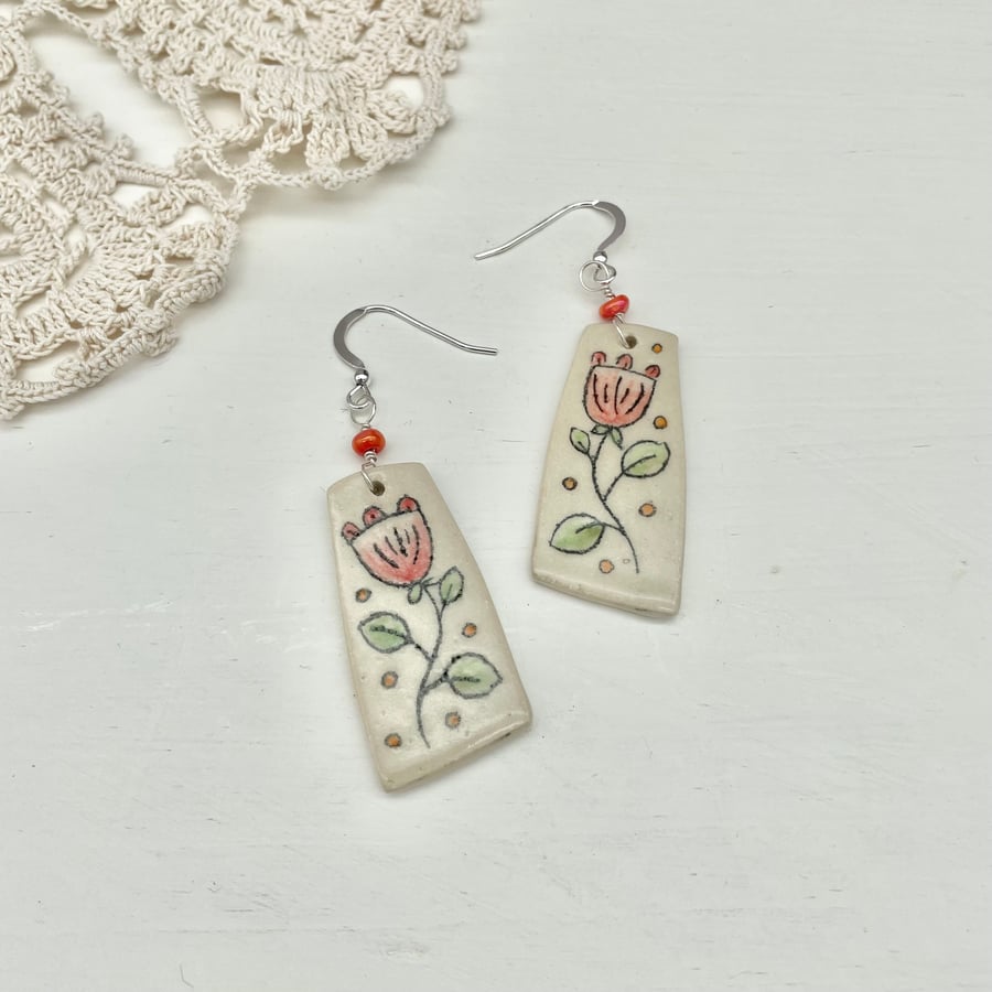 Pretty Handmade Drop Dangly Flower Earrings - Red Green Dots - Ideal Gift E02