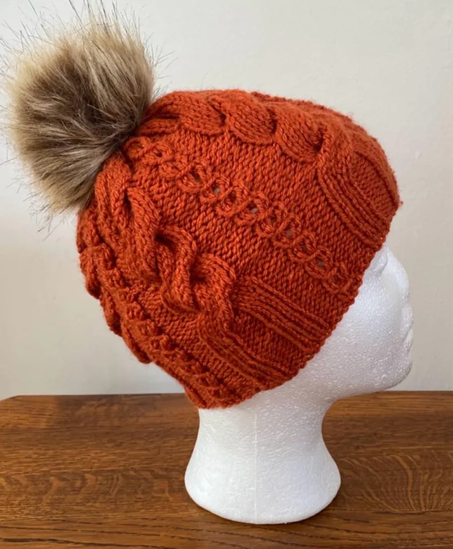Autumn Colour Beanie Hat,Cable Pattern, Toning Pom Pom, Fits Head Size 56cms 