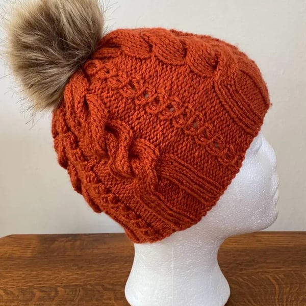 Autumn Colour Beanie Hat,Cable Pattern, Toning Pom Pom, Fits Head Size 56cms 