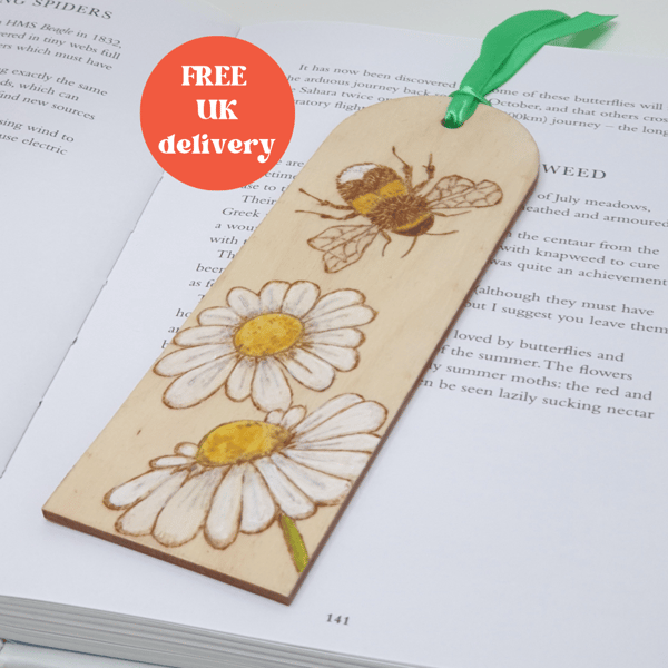 Bookmark, bee and daisies pyrography, wooden bookmark stocking filler gift
