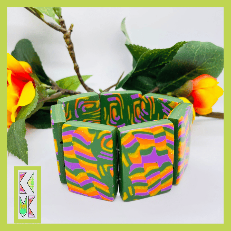 Glitter Gold, Lavender, Orange & Green, Handmade Polymer Clay Tile Bracelet