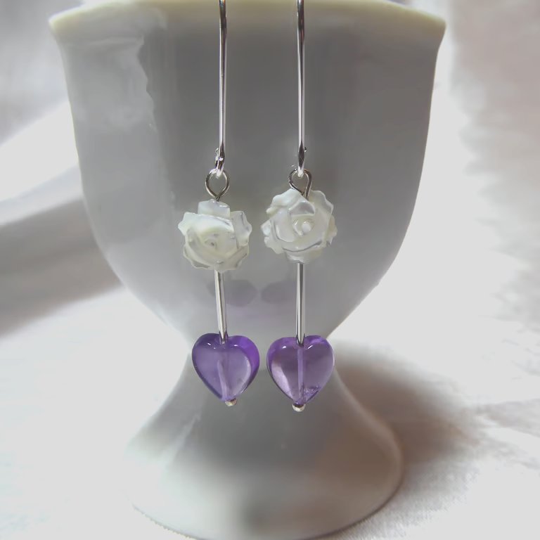 Sterling Silver Earrings with Amethyst Heart & Mother of Pearl Rose
