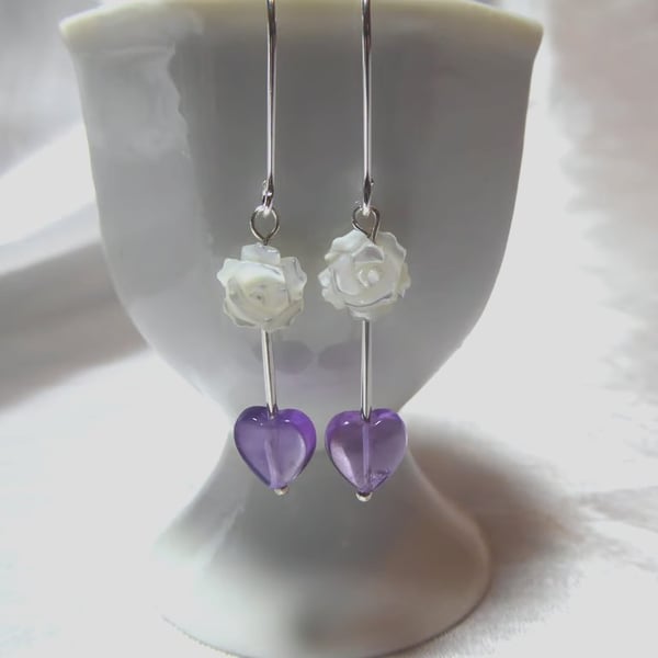 Sterling Silver Earrings with Amethyst Heart & Mother of Pearl Rose