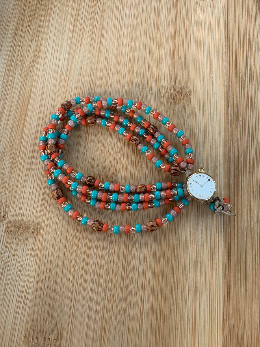 Beaded Retro Style  Bracelet with Clock Button Fastening Mexican Colours
