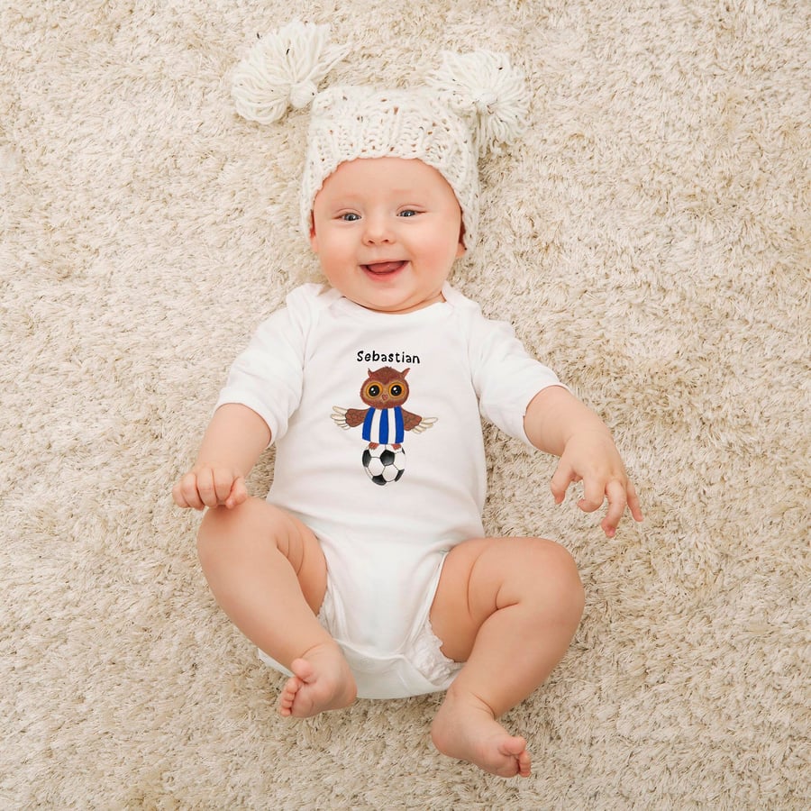 Sheffield Wednesday Owl babygrow, Hand Drawn SWFC Baby gift with personalisation