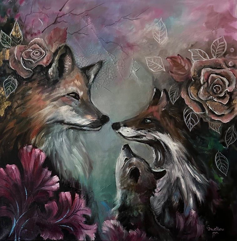 A Family Gathering of foxes. Mixed media art