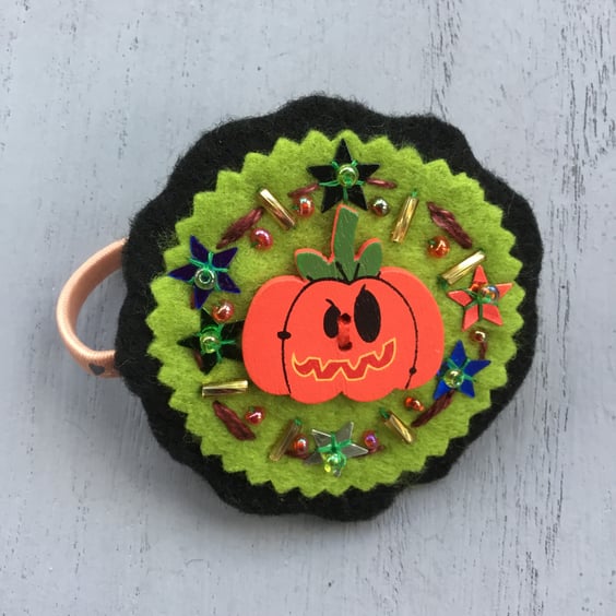 Hand Embroidered Scary Pumpkin Hair Accessory 