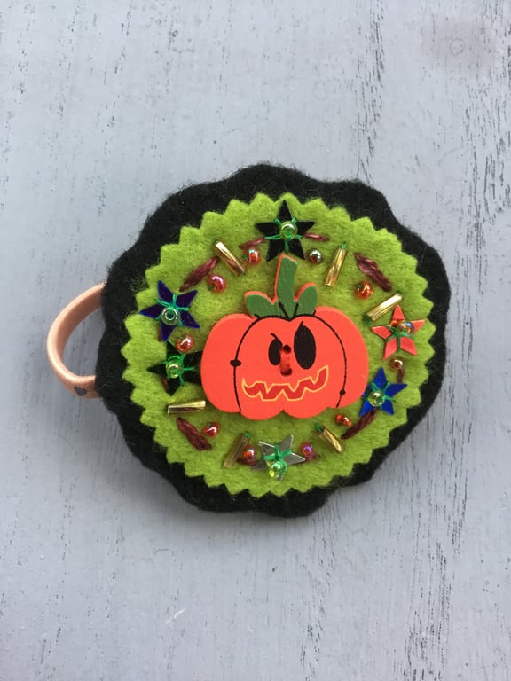 Hand Embroidered Scary Pumpkin Hair Accessory 