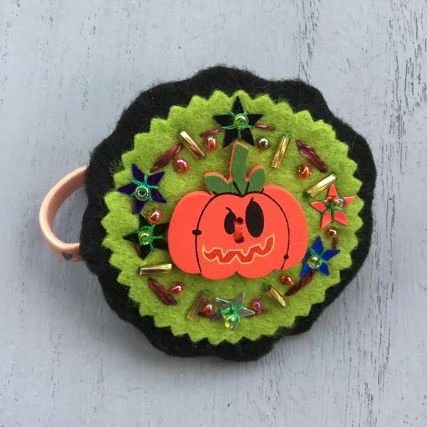 Hand Embroidered Scary Pumpkin Hair Accessory 