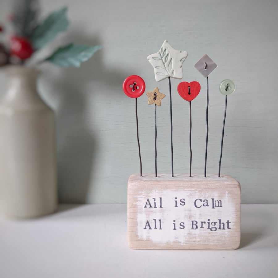 Clay Star and Buttons in a Painted Wood Block 'All is Calm All is Bright'