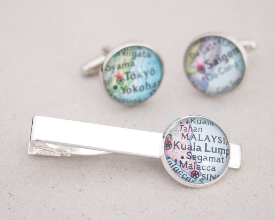 Tie Clip and Cufflinks Set with Custom Map Location, Personalised Gift for Him