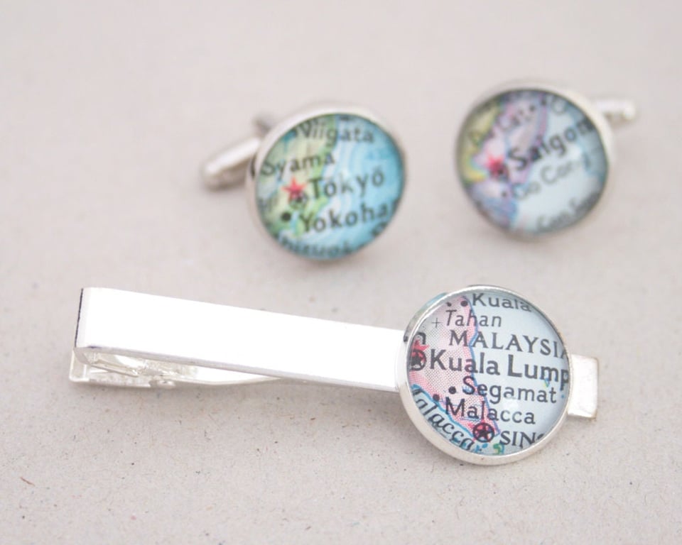 Tie Clip and Cufflinks Set with Custom Map Location, Personalised Gift for Him