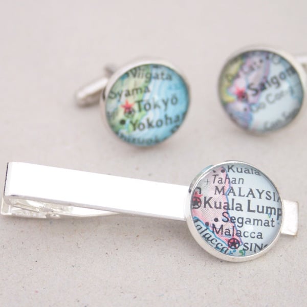 Tie Clip and Cufflinks Set with Custom Map Location, Personalised Gift for Him