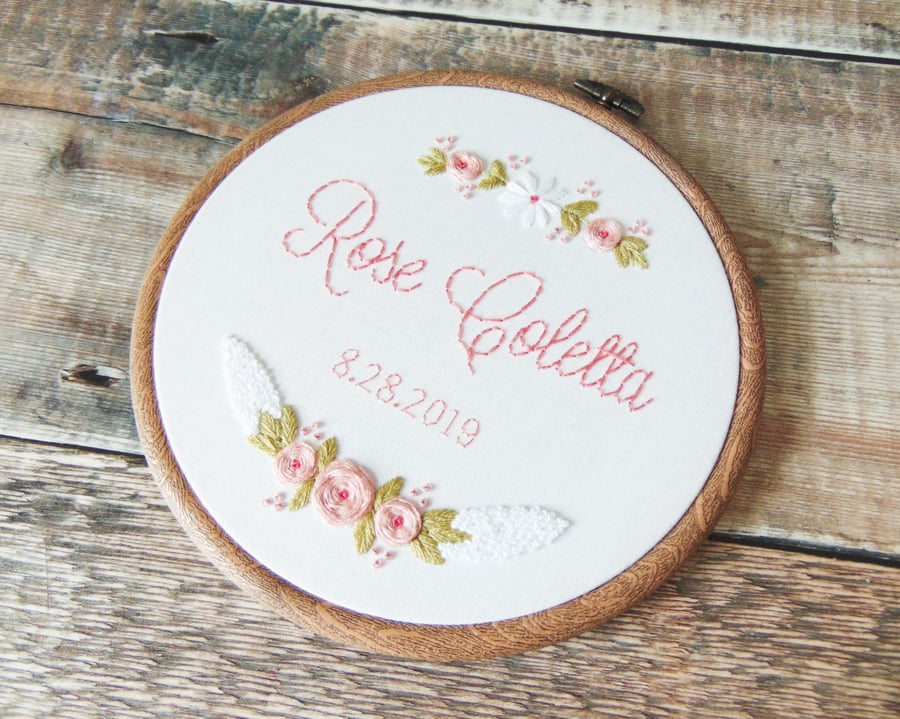 Baby Girl Birth Announcement, New Baby Gift - Hand Embroidered Hoop