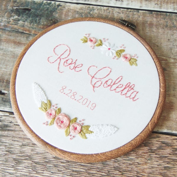 Baby Girl Birth Announcement, New Baby Gift - Hand Embroidered Hoop