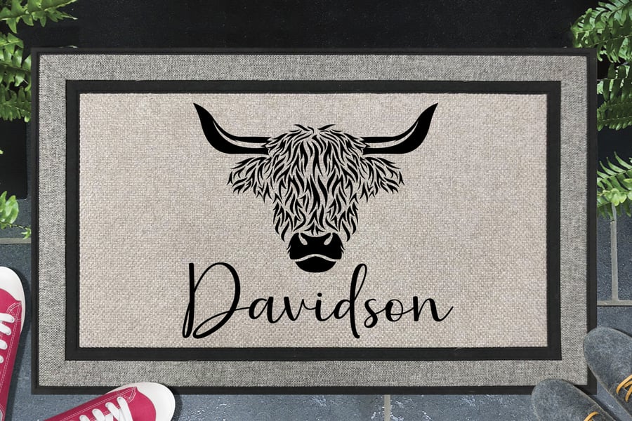 Scottish Highland Cow Door Mat No.2 - Personalised All Weather Doormat 45x70cm 