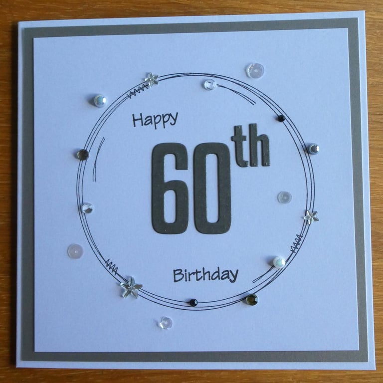 60th Birthday Card - Grey and Silver Wreath Design