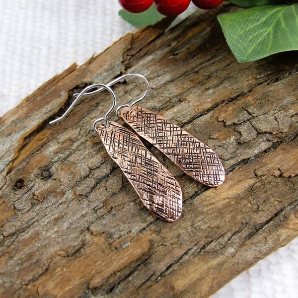 Earrings, Copper Teardrops with Crosshatch Pattern and Silver Earwires