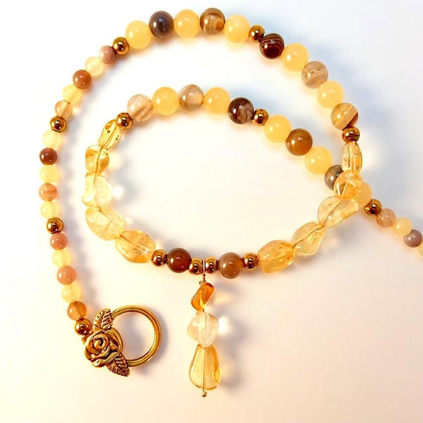 Citrine, Banded Agate And Ambronite Necklace - Handmade In Devon, Free UK P&P.