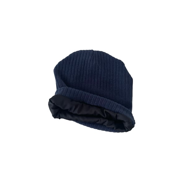 Dark blue knit fabric satin lined slouchy beanie hat Soft frizz free hair cap