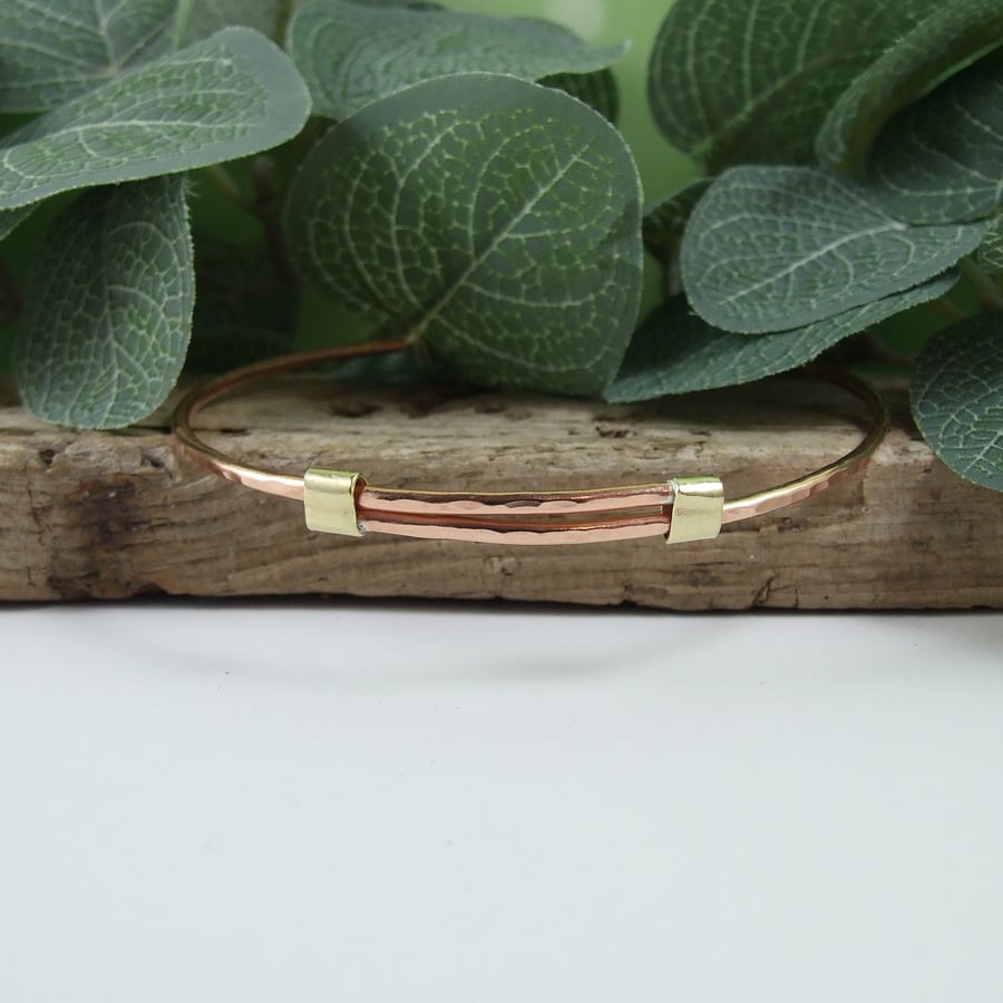 Copper Adjustable Fit Bangle with Brass Accents. Size Large-X-Large