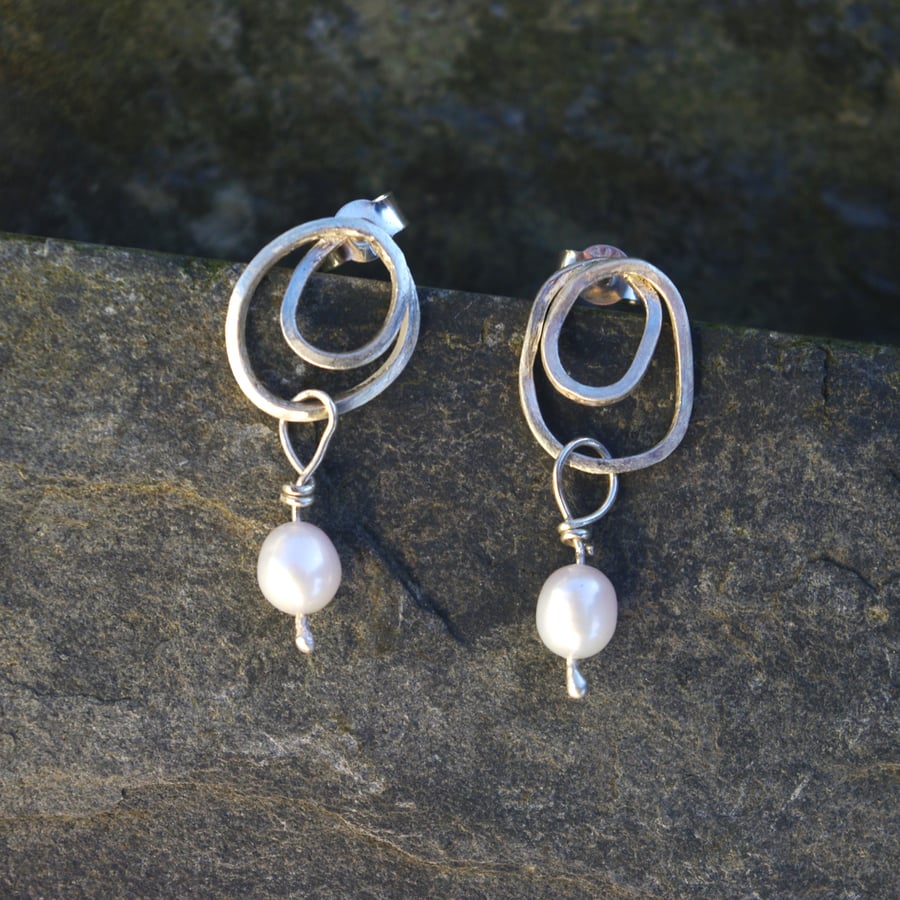 Silver Swirl Stud Earrings with Freshwater Pearl Drop