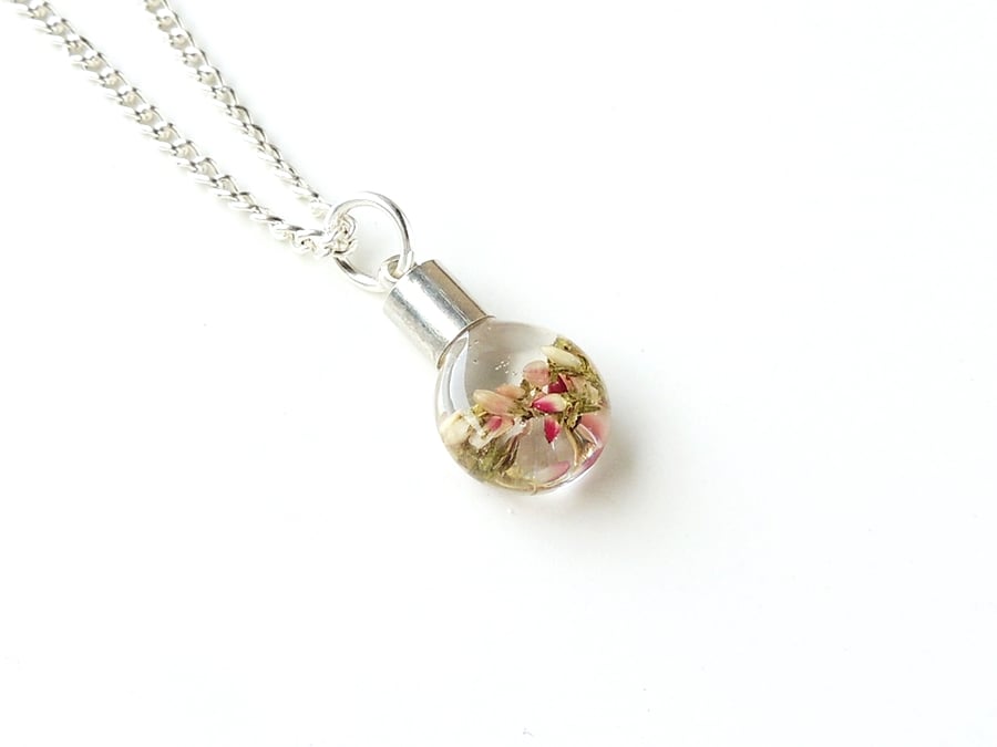 Heather Flowers in Resin Vial Bottle Necklace (2217)