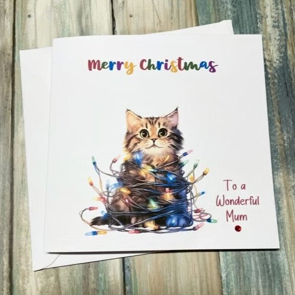 Cat Christmas Card Personalised Christmas Lights Card for Mum Auntie Grandma etc