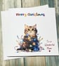 Cat Christmas Card Personalised Christmas Lights Card for Mum Auntie Grandma etc - Image 1