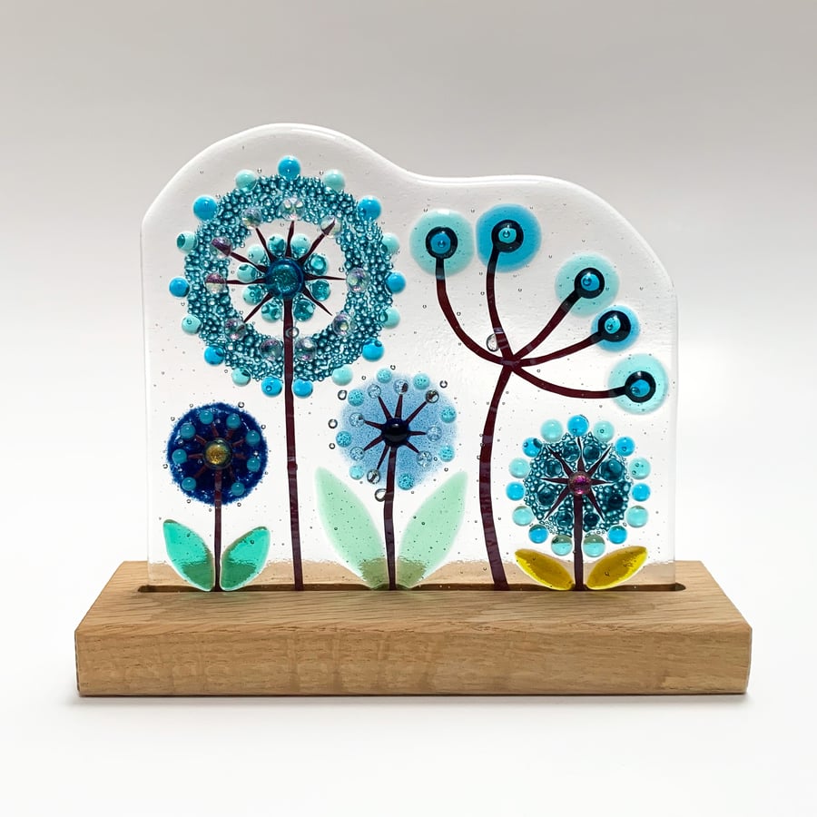 Fused Glass Botanicals on Oak 3 - Handmade Fused Glass Sculpture