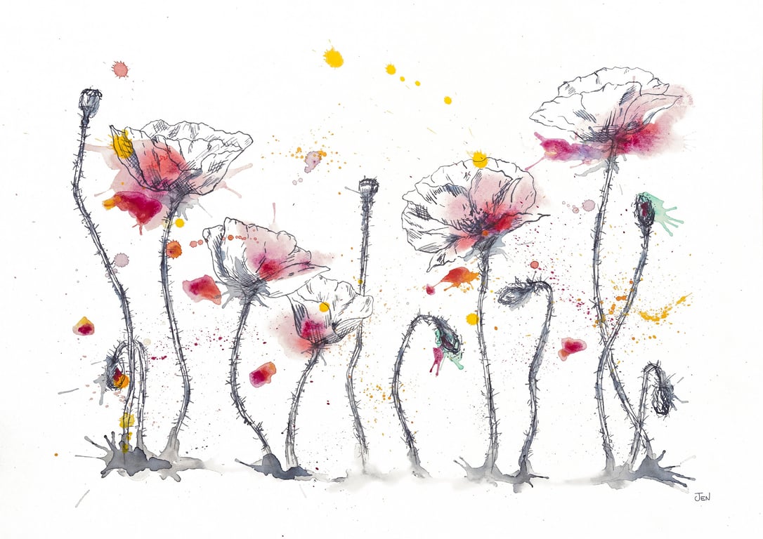 Pink Poppies watercolour print, flower painting, ink drawing
