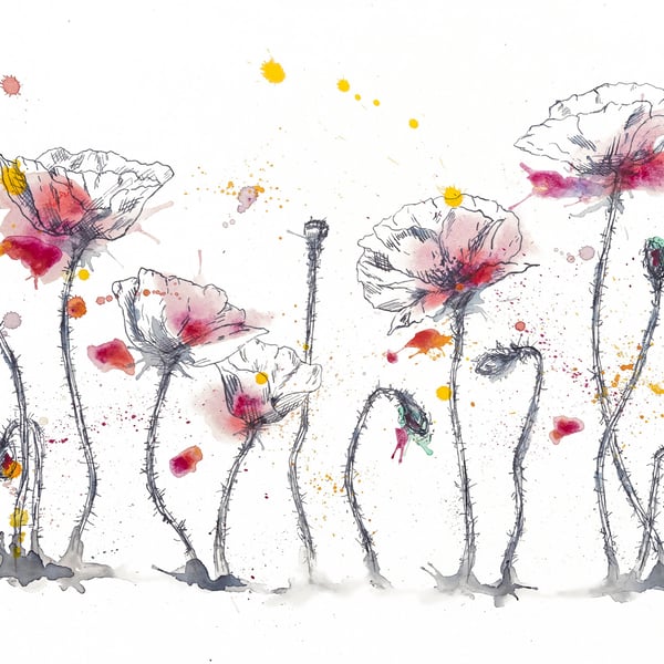 Pink Poppies watercolour print, flower painting, ink drawing