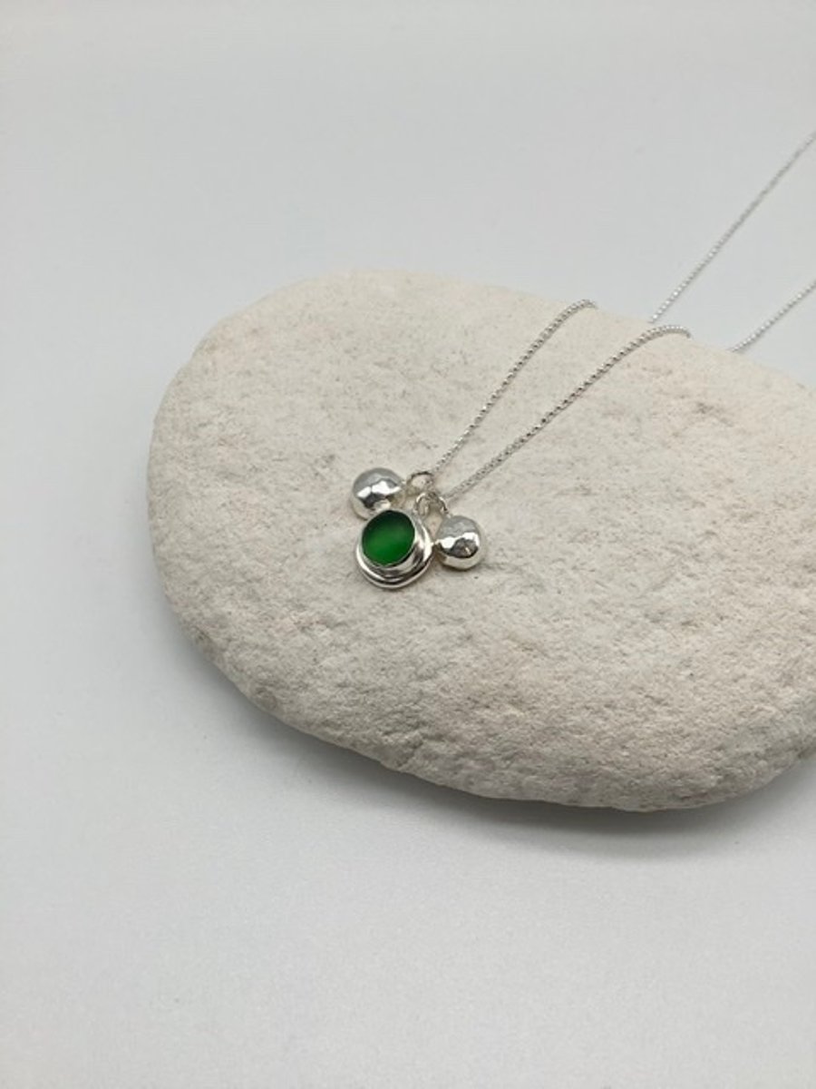 Bottle Green Sea Glass and Pebble Necklace