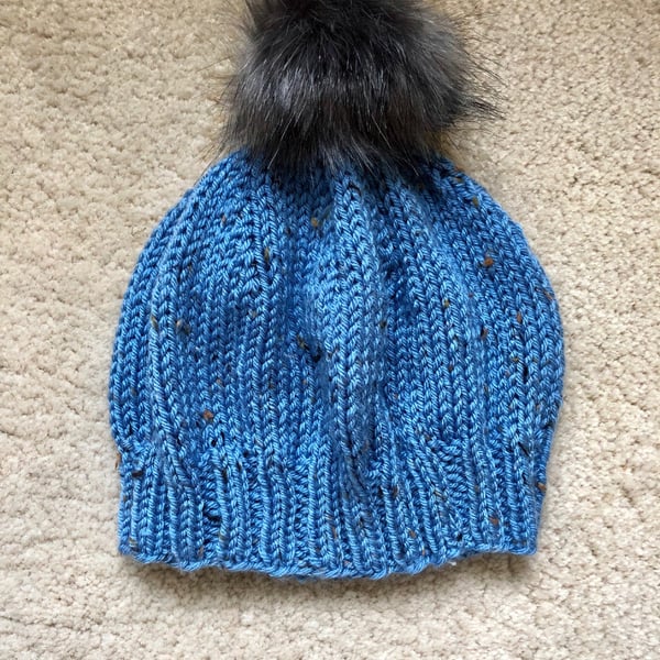 Tweed, Hand Knitted Hat 6 with removable pom pom (Aran) - Large